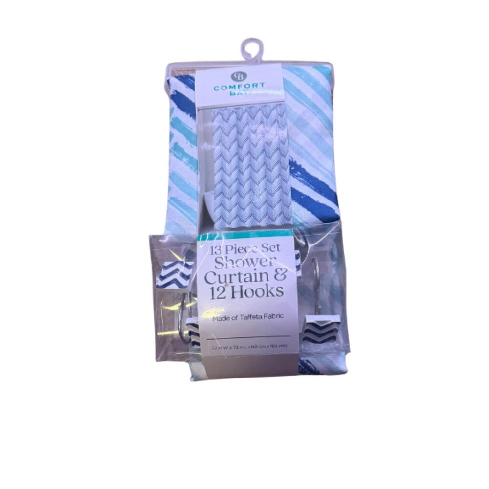 Comfort Bay 13 Pc Shower Curtain Set Blue Abstract Stripe 72x72 w/ 12 Hooks - Picture 4 of 5